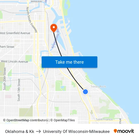Oklahoma & Kk to University Of Wisconsin-Milwaukee map