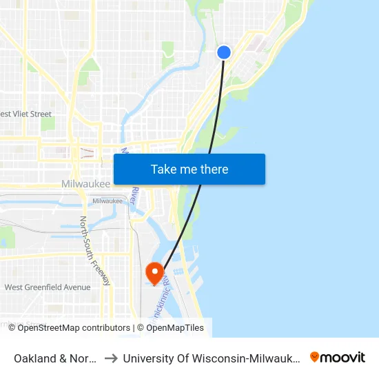 Oakland & North to University Of Wisconsin-Milwaukee map