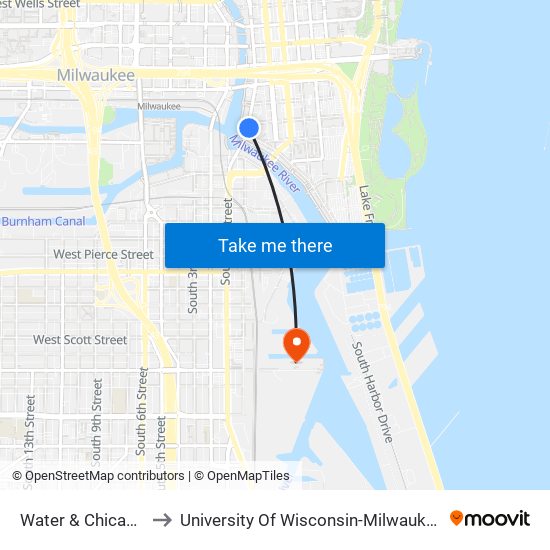 Water & Chicago to University Of Wisconsin-Milwaukee map