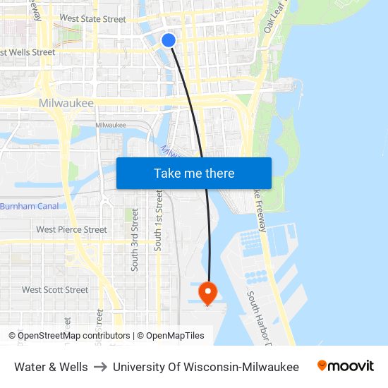 Water & Wells to University Of Wisconsin-Milwaukee map