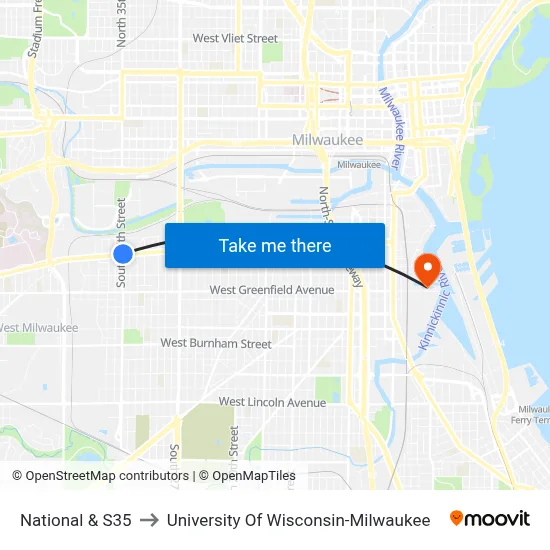 National & S35 to University Of Wisconsin-Milwaukee map