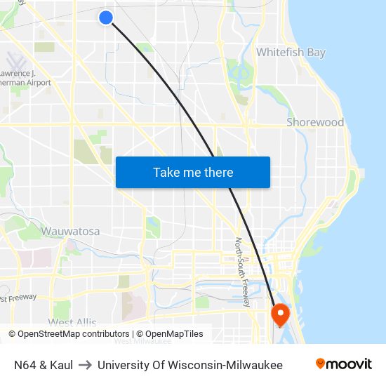 N64 & Kaul to University Of Wisconsin-Milwaukee map