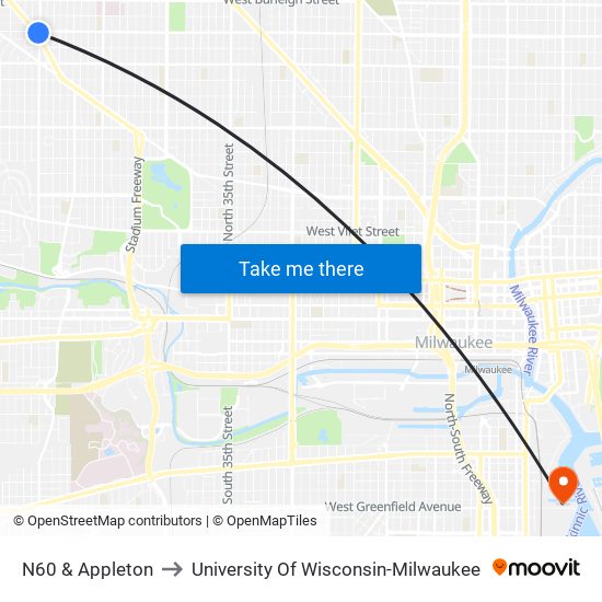 N60 & Appleton to University Of Wisconsin-Milwaukee map