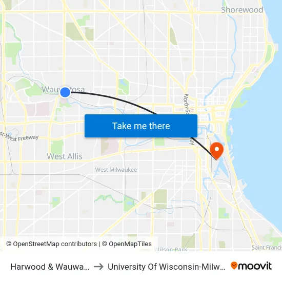 Harwood & Wauwatosa to University Of Wisconsin-Milwaukee map