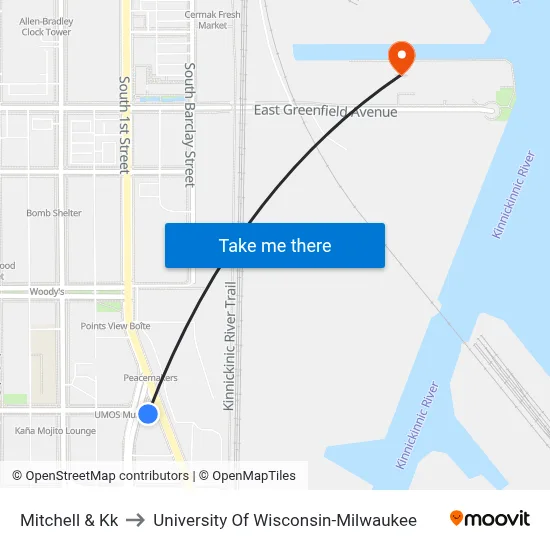 Mitchell & Kk to University Of Wisconsin-Milwaukee map