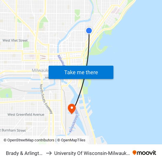 Brady & Arlington to University Of Wisconsin-Milwaukee map