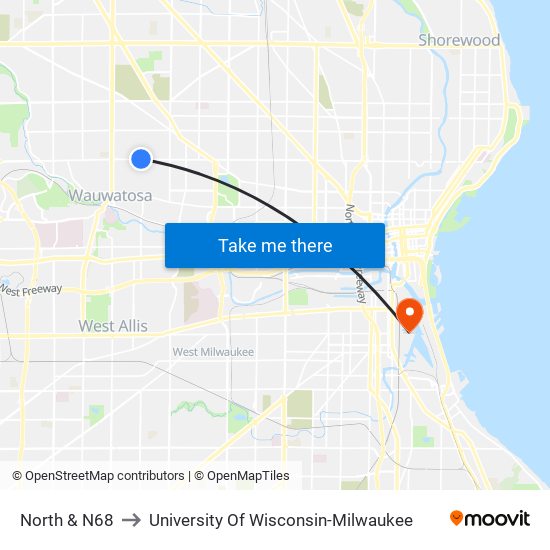 North & N68 to University Of Wisconsin-Milwaukee map