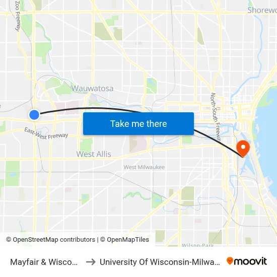 Mayfair & Wisconsin to University Of Wisconsin-Milwaukee map
