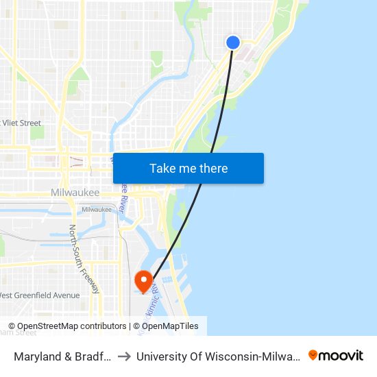 Maryland & Bradford to University Of Wisconsin-Milwaukee map