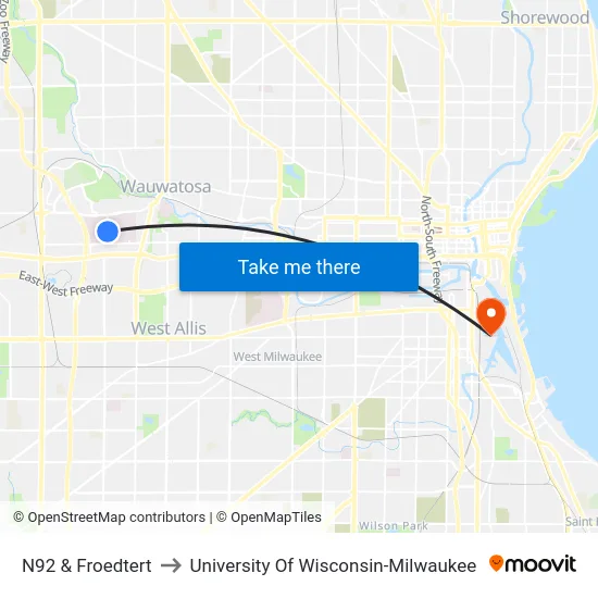 N92 & Froedtert to University Of Wisconsin-Milwaukee map