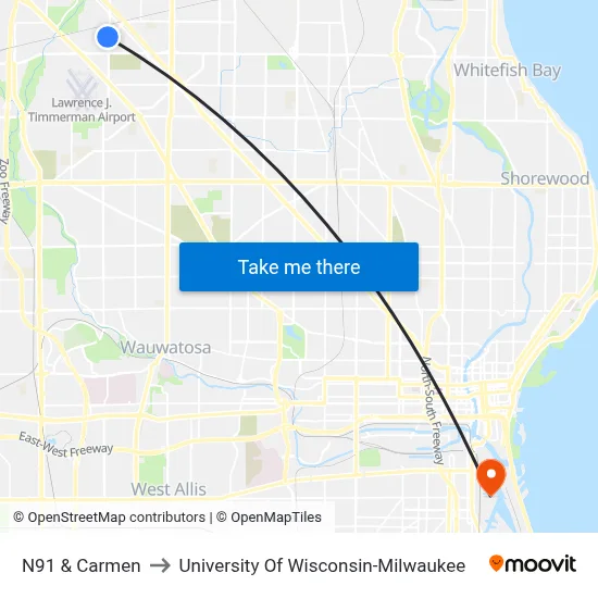 N91 & Carmen to University Of Wisconsin-Milwaukee map