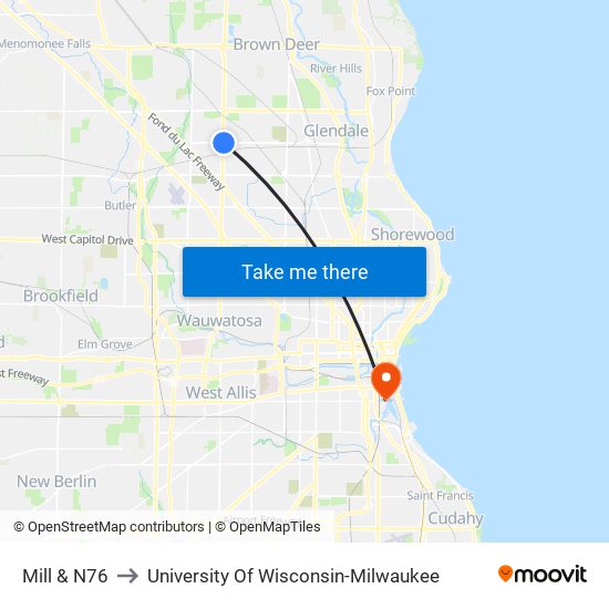 Mill & N76 to University Of Wisconsin-Milwaukee map