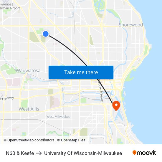 N60 & Keefe to University Of Wisconsin-Milwaukee map