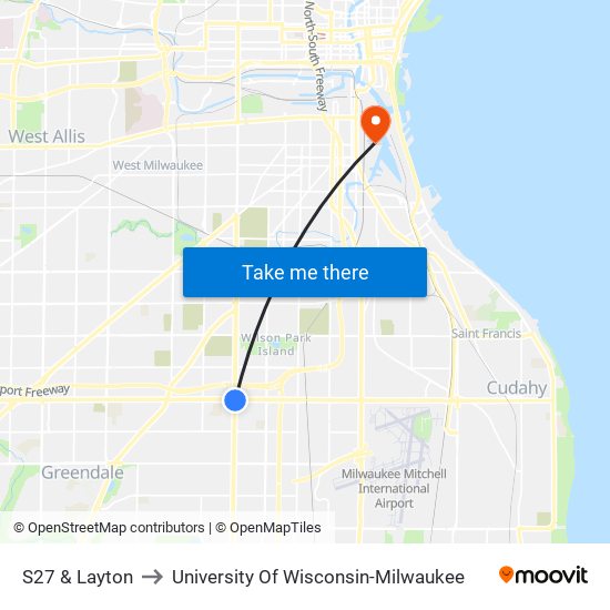 S27 & Layton to University Of Wisconsin-Milwaukee map