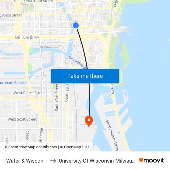 Water & Wisconsin to University Of Wisconsin-Milwaukee map