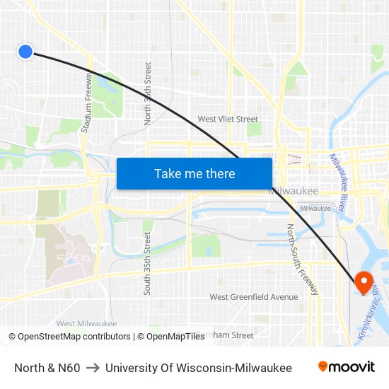 North & N60 to University Of Wisconsin-Milwaukee map