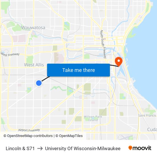 Lincoln & S71 to University Of Wisconsin-Milwaukee map