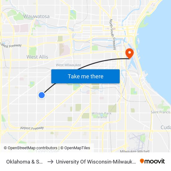 Oklahoma & S72 to University Of Wisconsin-Milwaukee map