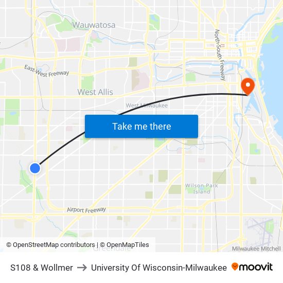 S108 & Wollmer to University Of Wisconsin-Milwaukee map