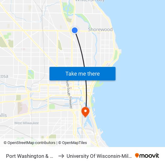 Port Washington & Capitol to University Of Wisconsin-Milwaukee map