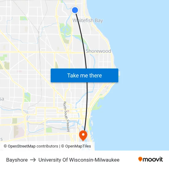 Bayshore to University Of Wisconsin-Milwaukee map