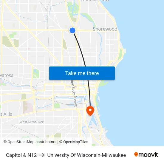 Capitol & N12 to University Of Wisconsin-Milwaukee map