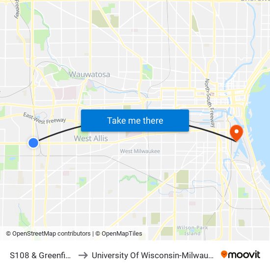 S108 & Greenfield to University Of Wisconsin-Milwaukee map