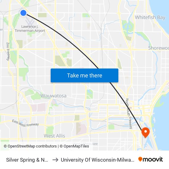 Silver Spring & N103 to University Of Wisconsin-Milwaukee map