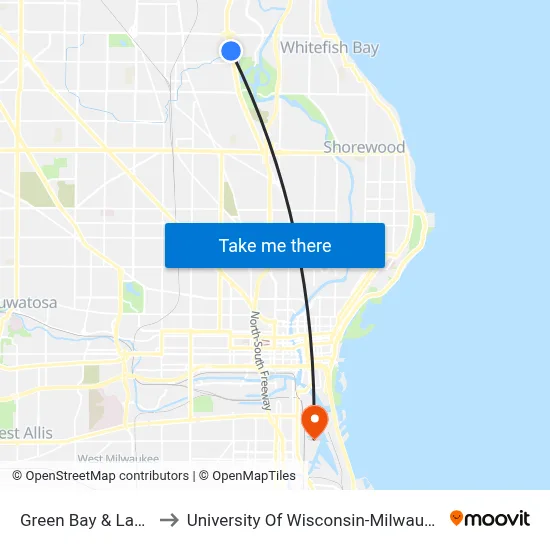Green Bay & Lawn to University Of Wisconsin-Milwaukee map
