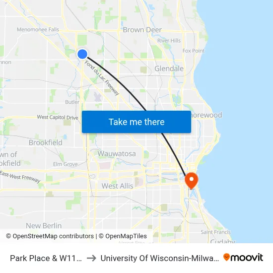 Park Place & W11600 to University Of Wisconsin-Milwaukee map