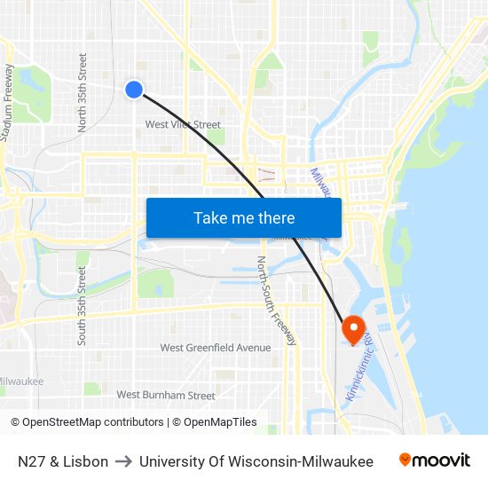 N27 & Lisbon to University Of Wisconsin-Milwaukee map