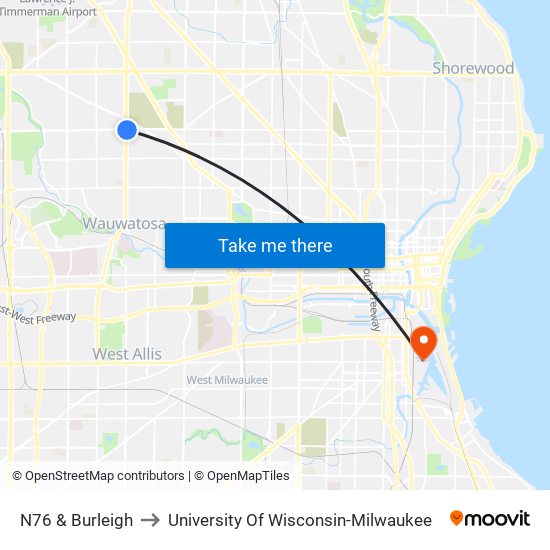 N76 & Burleigh to University Of Wisconsin-Milwaukee map