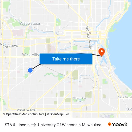 S76 & Lincoln to University Of Wisconsin-Milwaukee map