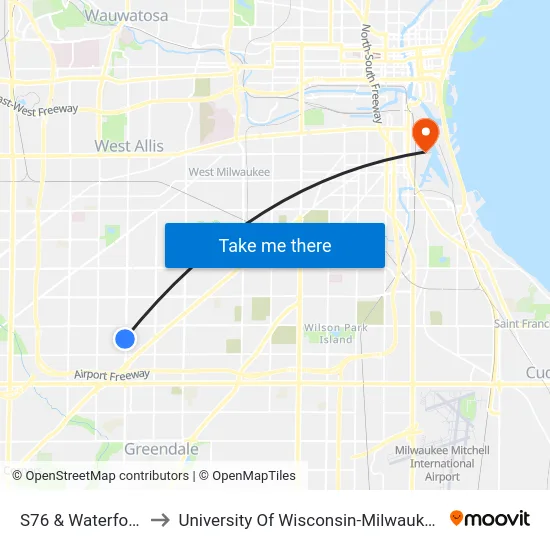 S76 & Waterford to University Of Wisconsin-Milwaukee map