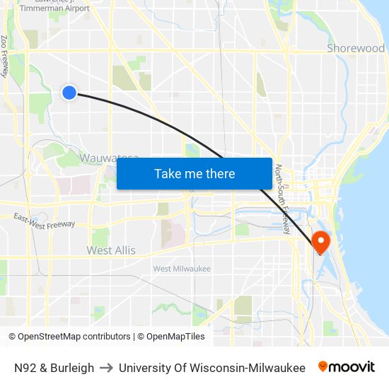 N92 & Burleigh to University Of Wisconsin-Milwaukee map