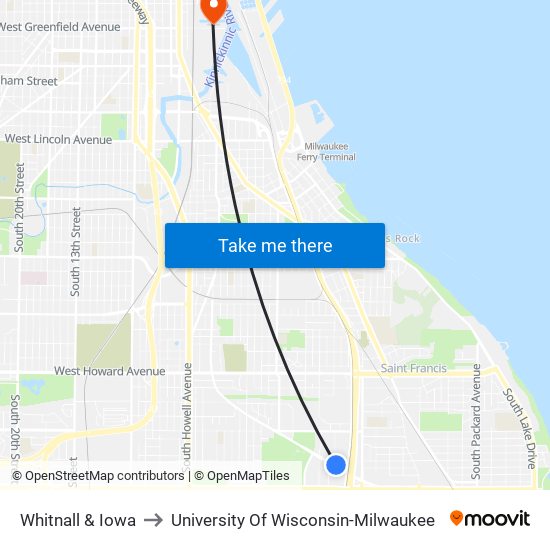 Whitnall & Iowa to University Of Wisconsin-Milwaukee map