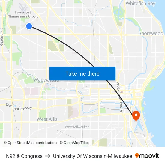 N92 & Congress to University Of Wisconsin-Milwaukee map