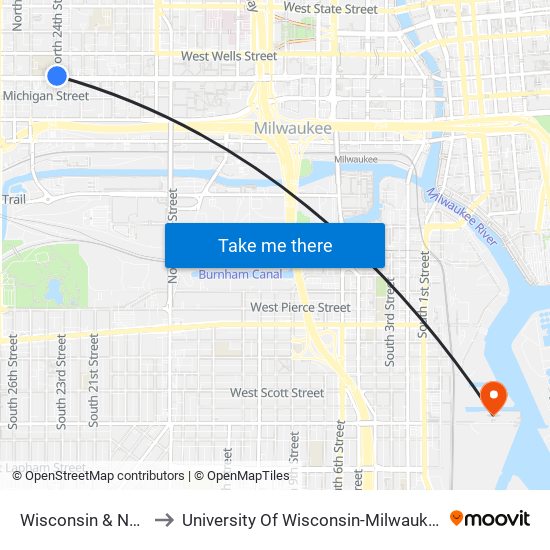 Wisconsin & N24 to University Of Wisconsin-Milwaukee map