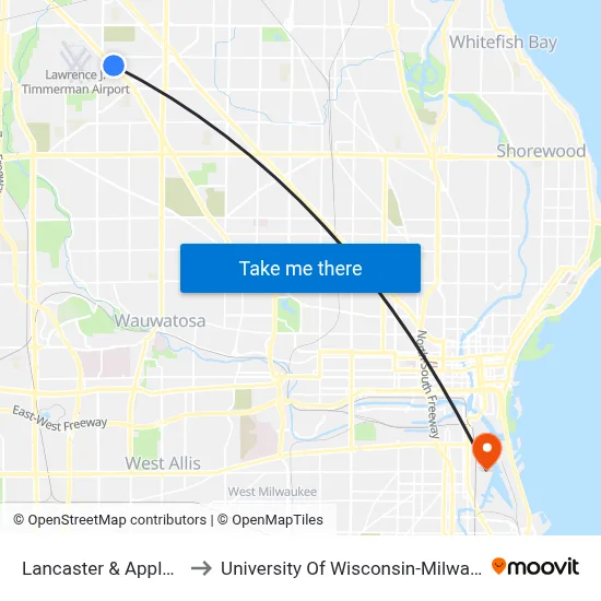 Lancaster & Appleton to University Of Wisconsin-Milwaukee map