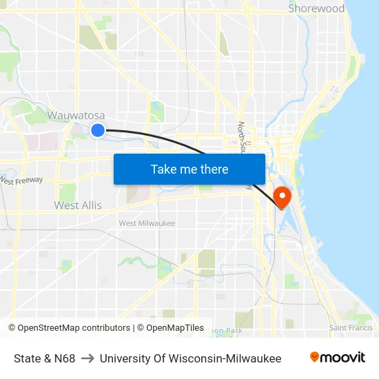 State & N68 to University Of Wisconsin-Milwaukee map