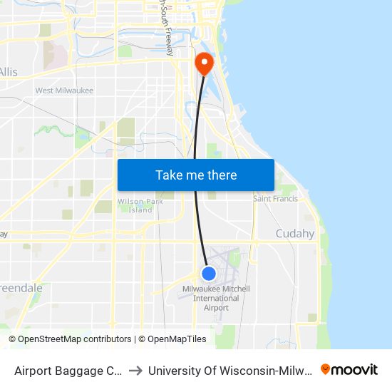 Airport Baggage Claim to University Of Wisconsin-Milwaukee map