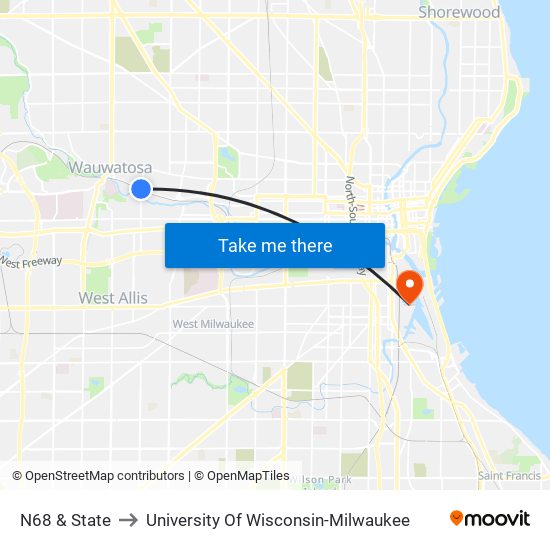 N68 & State to University Of Wisconsin-Milwaukee map