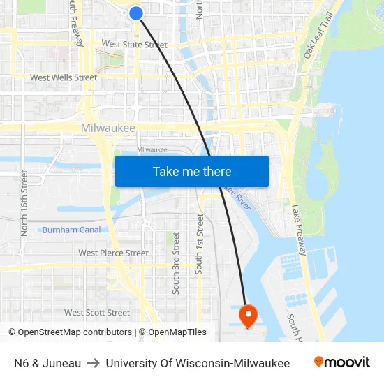 N6 & Juneau to University Of Wisconsin-Milwaukee map