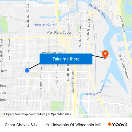 Cesar Chavez & Lapham to University Of Wisconsin-Milwaukee map