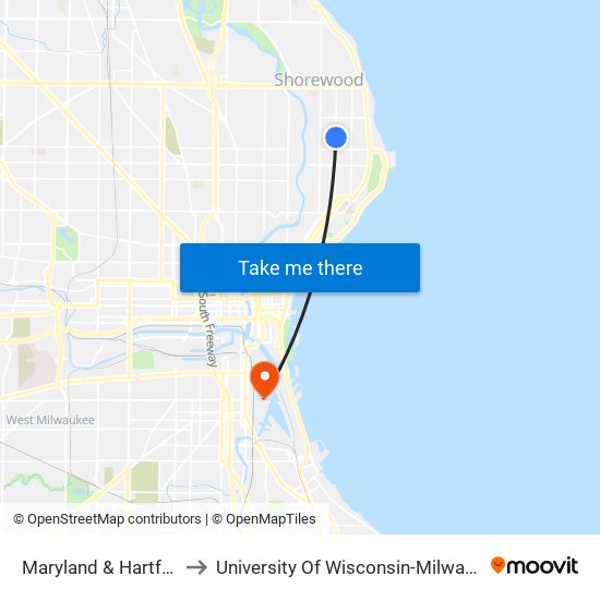 Maryland & Hartford to University Of Wisconsin-Milwaukee map