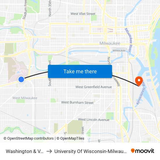 Washington & V.A. to University Of Wisconsin-Milwaukee map