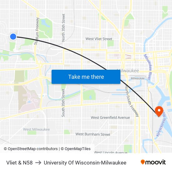 Vliet & N58 to University Of Wisconsin-Milwaukee map