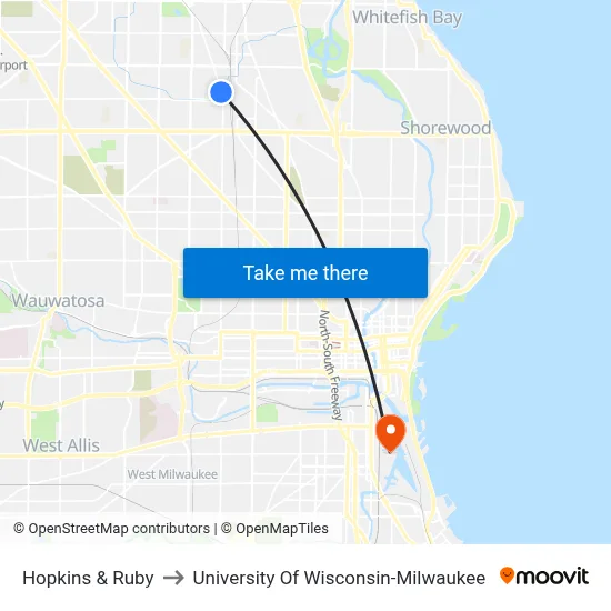 Hopkins & Ruby to University Of Wisconsin-Milwaukee map