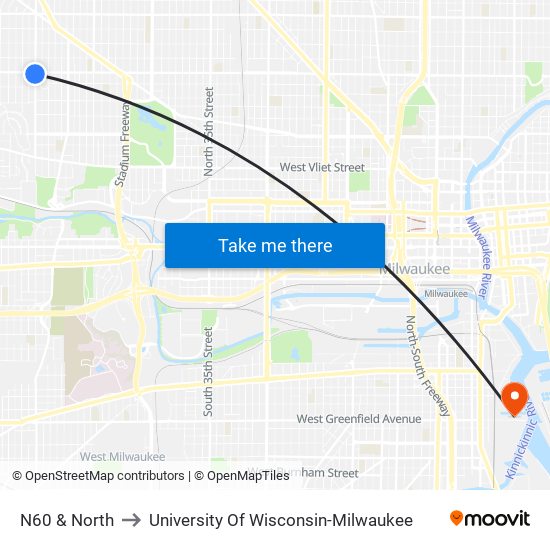 N60 & North to University Of Wisconsin-Milwaukee map