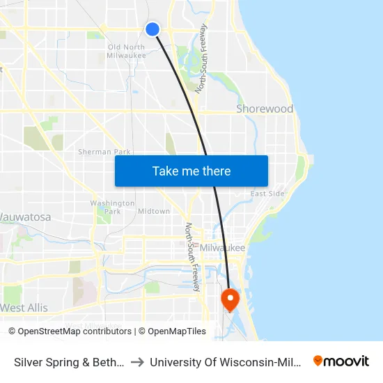 Silver Spring & Bethmaur to University Of Wisconsin-Milwaukee map